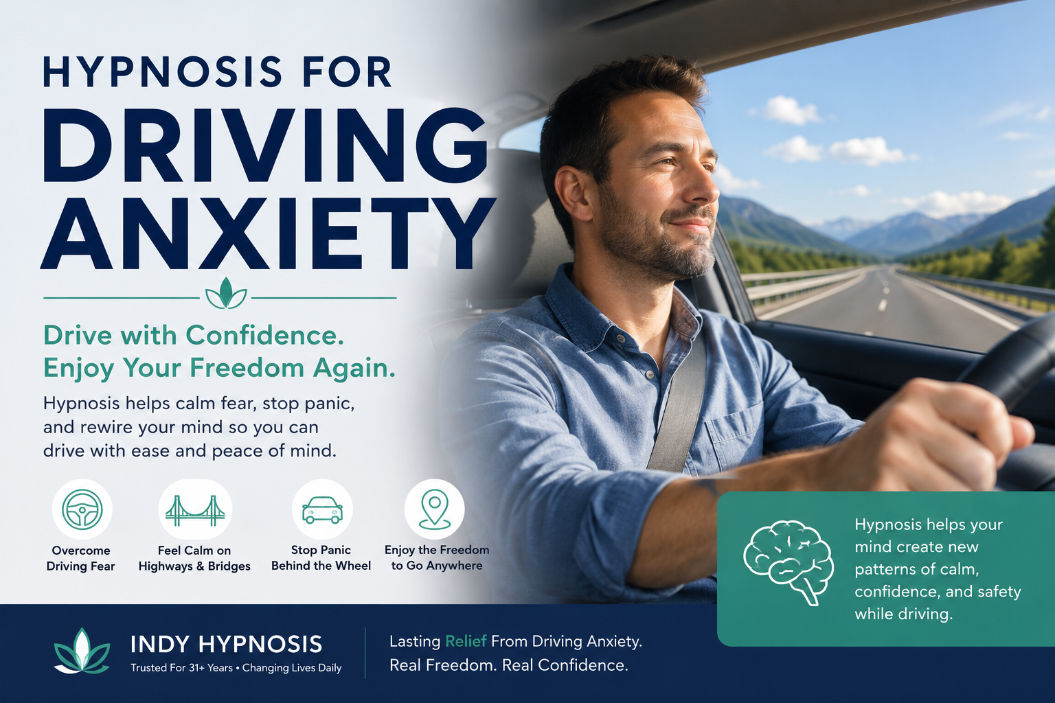 Man driving calmly and confidently on an open highway after hypnosis for driving anxiety with Indy Hypnosis.