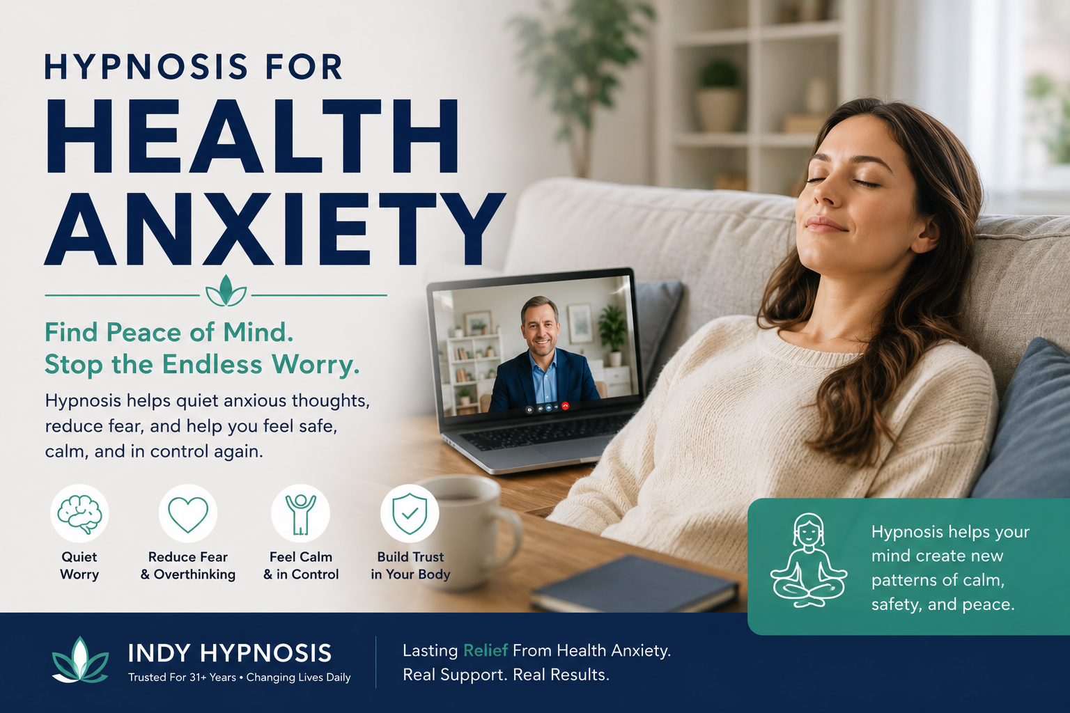 Woman resting calmly at home, free from constant health worry after hypnosis for health anxiety with Indy Hypnosis.