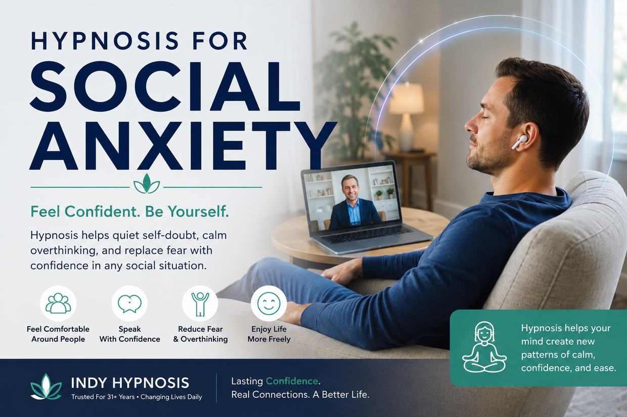 Man relaxing during a virtual hypnosis session at home to overcome social anxiety with Indy Hypnosis.